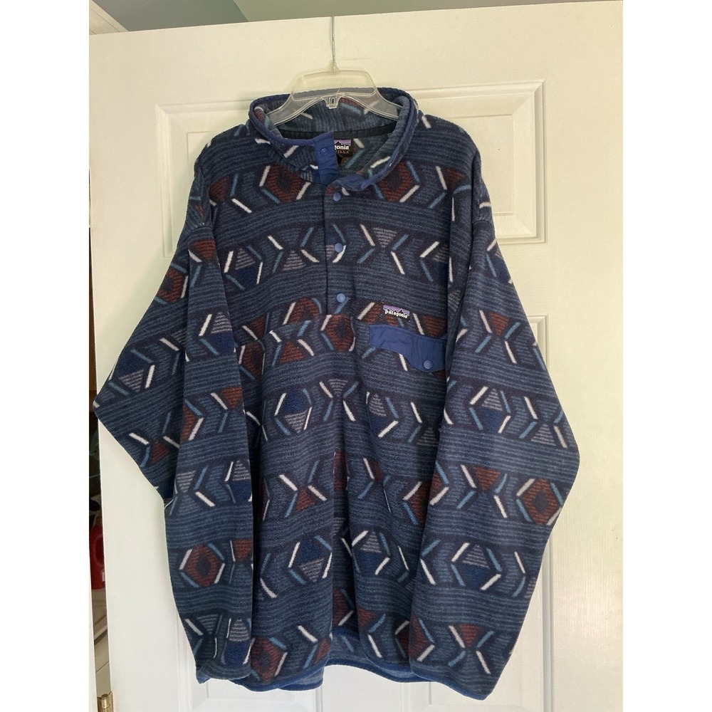 Patagonia‎ Men's Synchilla Blue Aztec Fleece Snap T Pullover Size Large EUC